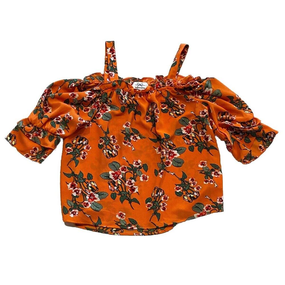Twine and String Multi Color Flower Print Blouse Kimono Sleeve Size Small Orange